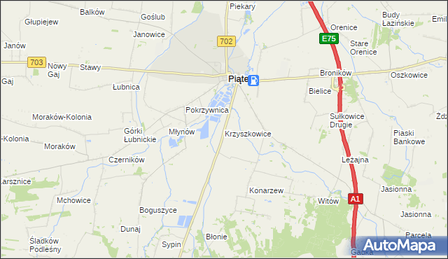 mapa Krzyszkowice gmina Piątek, Krzyszkowice gmina Piątek na mapie Targeo