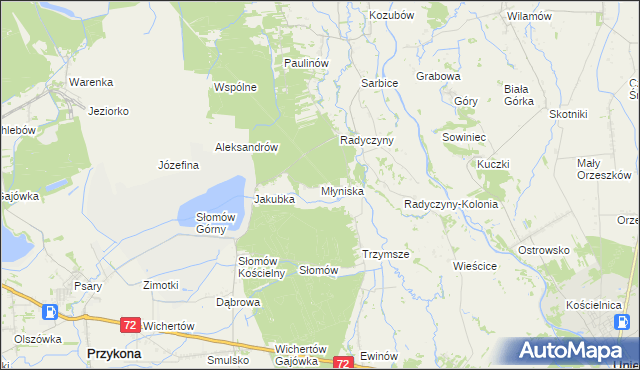 mapa Młyniska gmina Przykona, Młyniska gmina Przykona na mapie Targeo