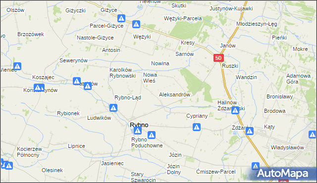 mapa Aleksandrów gmina Rybno, Aleksandrów gmina Rybno na mapie Targeo