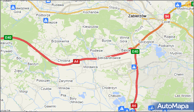 mapa Aleksandrowice gmina Zabierzów, Aleksandrowice gmina Zabierzów na mapie Targeo