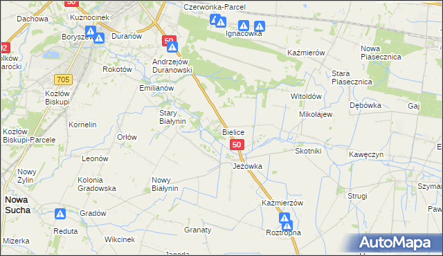 mapa Bielice gmina Sochaczew, Bielice gmina Sochaczew na mapie Targeo