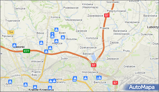 mapa Dziekanowice gmina Zielonki, Dziekanowice gmina Zielonki na mapie Targeo