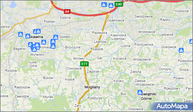mapa Gaj gmina Mogilany, Gaj gmina Mogilany na mapie Targeo