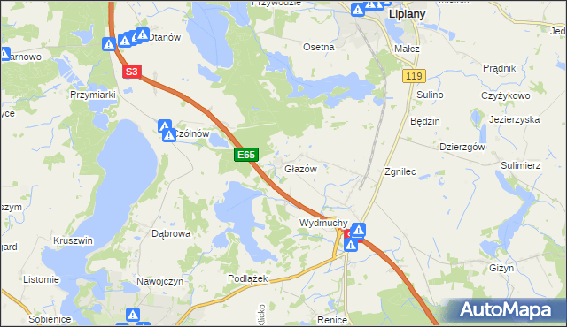 mapa Głazów gmina Myślibórz, Głazów gmina Myślibórz na mapie Targeo