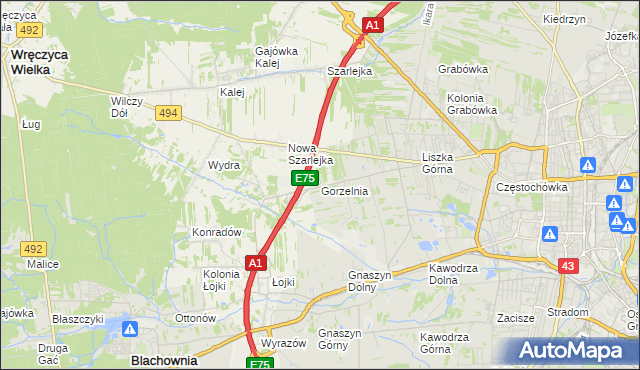 mapa Gorzelnia gmina Blachownia, Gorzelnia gmina Blachownia na mapie Targeo