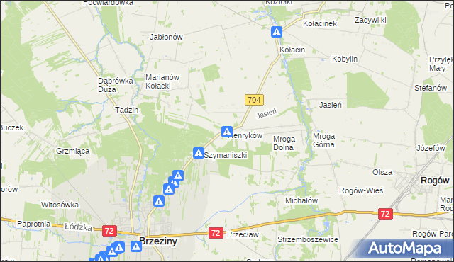 mapa Henryków gmina Brzeziny, Henryków gmina Brzeziny na mapie Targeo