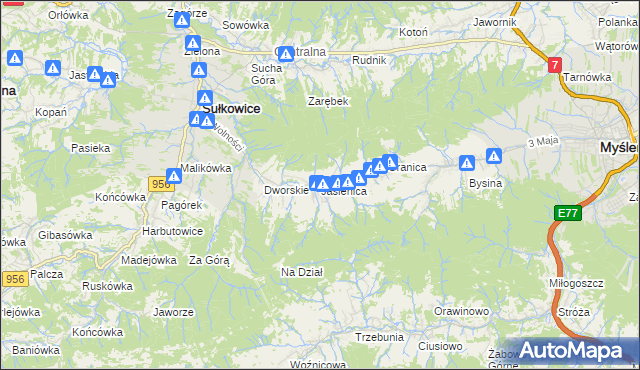 mapa Jasienica gmina Myślenice, Jasienica gmina Myślenice na mapie Targeo