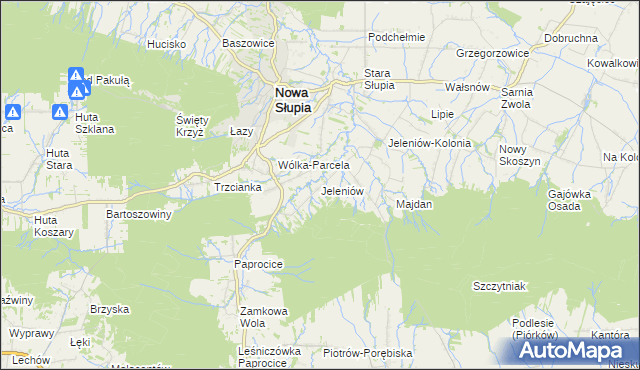 mapa Jeleniów gmina Nowa Słupia, Jeleniów gmina Nowa Słupia na mapie Targeo