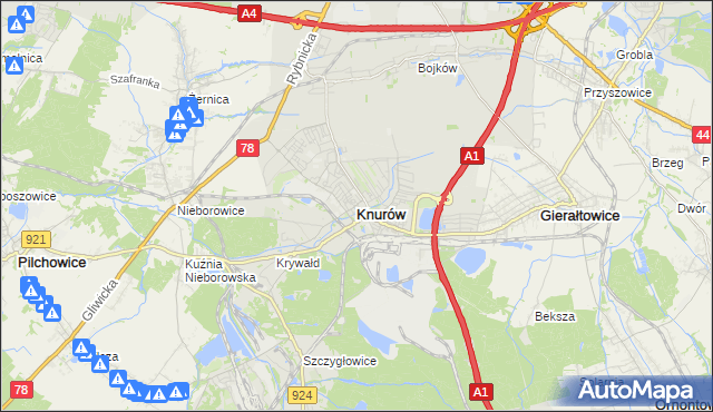 mapa Knurów powiat gliwicki, Knurów powiat gliwicki na mapie Targeo