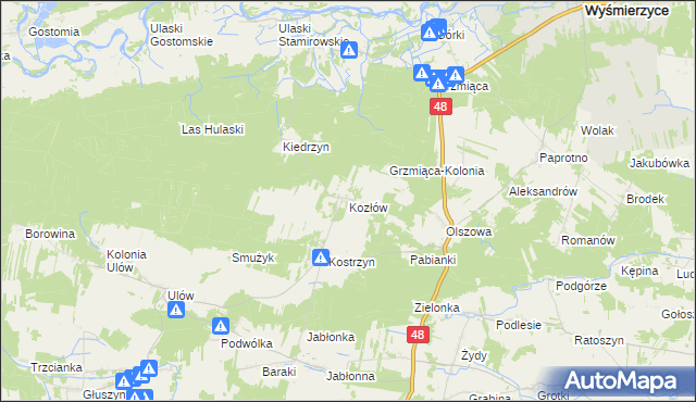 mapa Kozłów gmina Wyśmierzyce, Kozłów gmina Wyśmierzyce na mapie Targeo