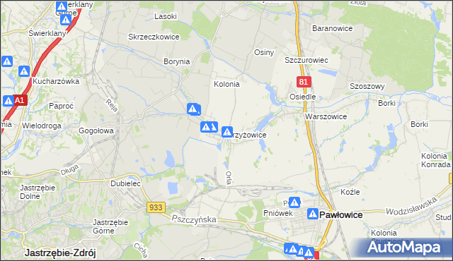 mapa Krzyżowice gmina Pawłowice, Krzyżowice gmina Pawłowice na mapie Targeo