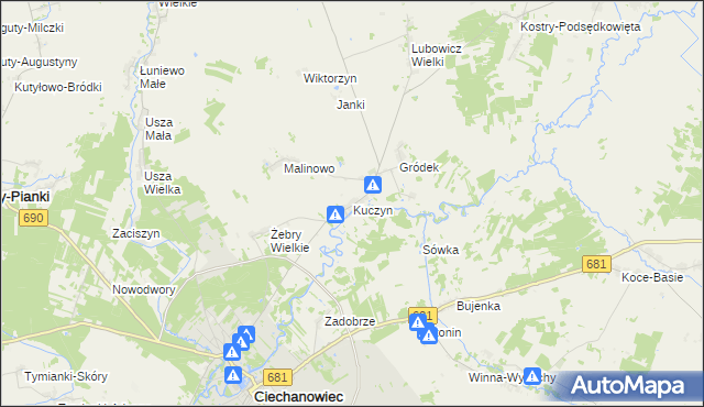 mapa Kuczyn gmina Klukowo, Kuczyn gmina Klukowo na mapie Targeo