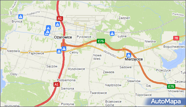 mapa Nowa Wieś gmina Mierzęcice, Nowa Wieś gmina Mierzęcice na mapie Targeo