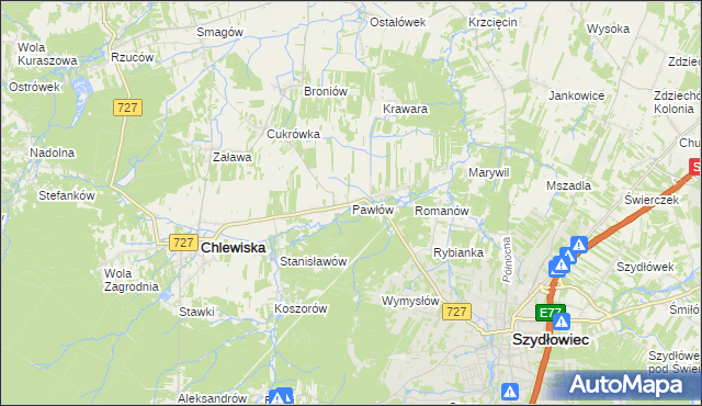 mapa Pawłów gmina Chlewiska, Pawłów gmina Chlewiska na mapie Targeo