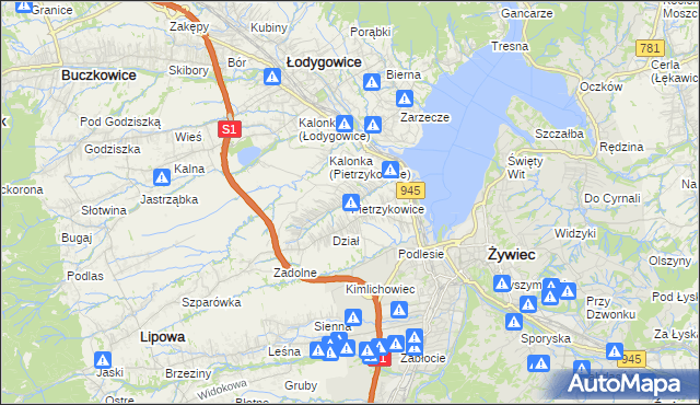 mapa Pietrzykowice gmina Łodygowice, Pietrzykowice gmina Łodygowice na mapie Targeo