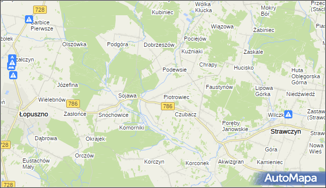 mapa Piotrowiec gmina Łopuszno, Piotrowiec gmina Łopuszno na mapie Targeo