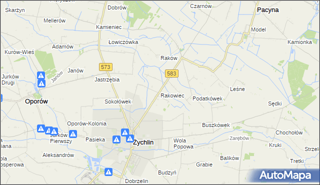 mapa Rakowiec gmina Pacyna, Rakowiec gmina Pacyna na mapie Targeo