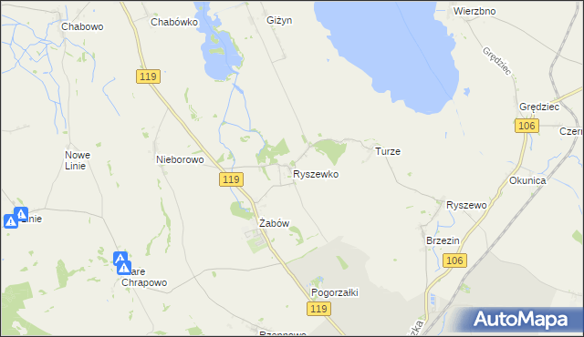 mapa Ryszewko gmina Pyrzyce, Ryszewko gmina Pyrzyce na mapie Targeo