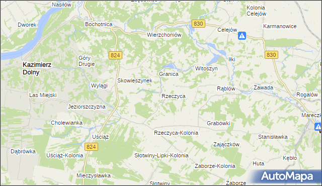 mapa Rzeczyca gmina Kazimierz Dolny, Rzeczyca gmina Kazimierz Dolny na mapie Targeo