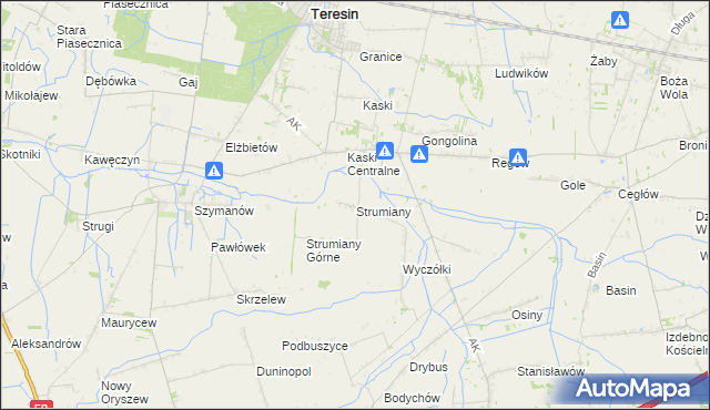 mapa Strumiany gmina Baranów, Strumiany gmina Baranów na mapie Targeo