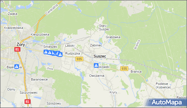 mapa Suszec powiat pszczyński, Suszec powiat pszczyński na mapie Targeo