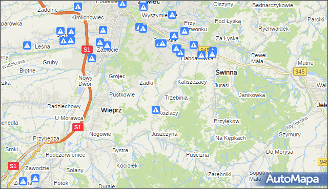 mapa Trzebinia gmina Świnna, Trzebinia gmina Świnna na mapie Targeo