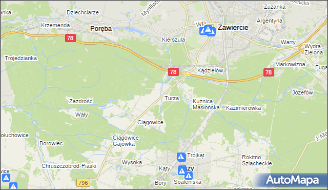 mapa Turza gmina Łazy, Turza gmina Łazy na mapie Targeo