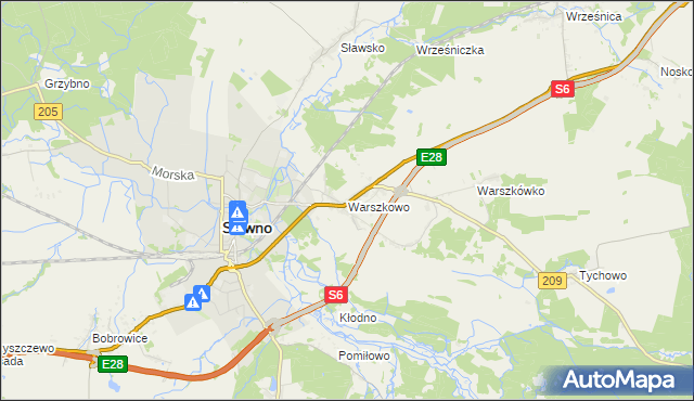 mapa Warszkowo gmina Sławno, Warszkowo gmina Sławno na mapie Targeo