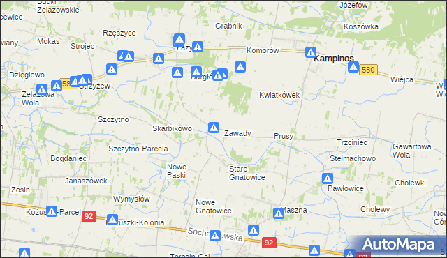 mapa Zawady gmina Kampinos, Zawady gmina Kampinos na mapie Targeo