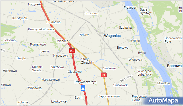 mapa Zbrachlin gmina Waganiec, Zbrachlin gmina Waganiec na mapie Targeo