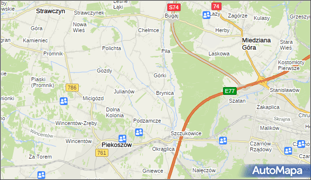 mapa Brynica gmina Piekoszów, Brynica gmina Piekoszów na mapie Targeo