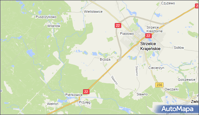 mapa Brzoza gmina Strzelce Krajeńskie, Brzoza gmina Strzelce Krajeńskie na mapie Targeo