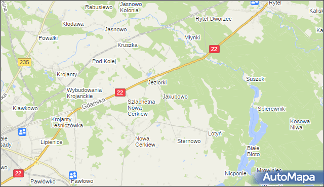mapa Jakubowo gmina Chojnice, Jakubowo gmina Chojnice na mapie Targeo