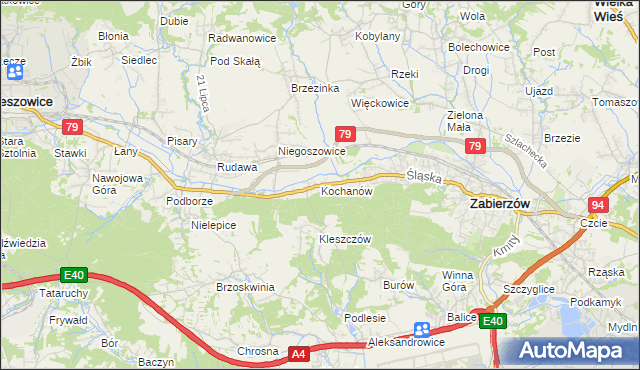 mapa Kochanów gmina Zabierzów, Kochanów gmina Zabierzów na mapie Targeo