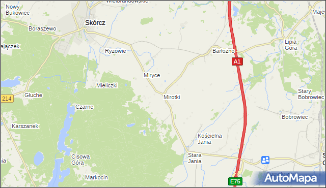 mapa Mirotki gmina Skórcz, Mirotki gmina Skórcz na mapie Targeo