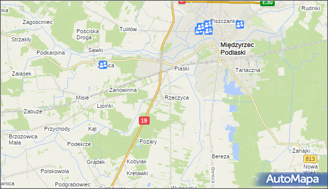 mapa Rzeczyca gmina Międzyrzec Podlaski, Rzeczyca gmina Międzyrzec Podlaski na mapie Targeo