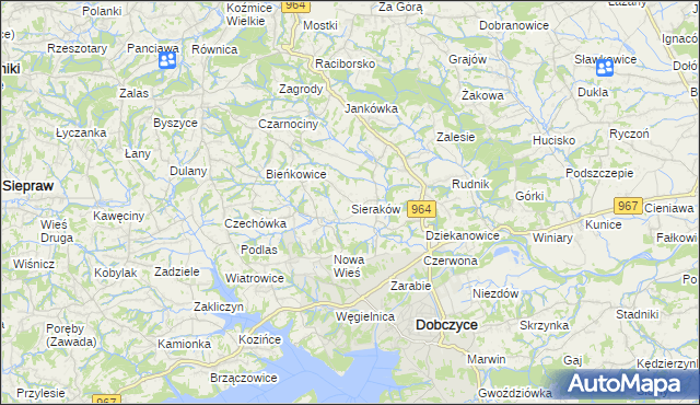 mapa Sieraków gmina Dobczyce, Sieraków gmina Dobczyce na mapie Targeo