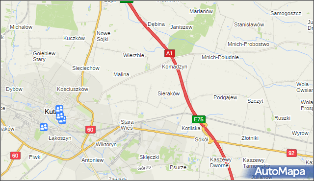 mapa Sieraków gmina Kutno, Sieraków gmina Kutno na mapie Targeo