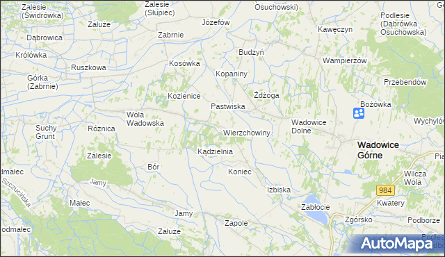 mapa Wierzchowiny gmina Wadowice Górne, Wierzchowiny gmina Wadowice Górne na mapie Targeo