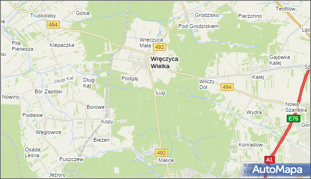 mapa Ług gmina Wręczyca Wielka, Ług gmina Wręczyca Wielka na mapie Targeo
