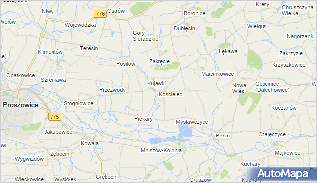 mapa Kościelec gmina Proszowice, Kościelec gmina Proszowice na mapie Targeo