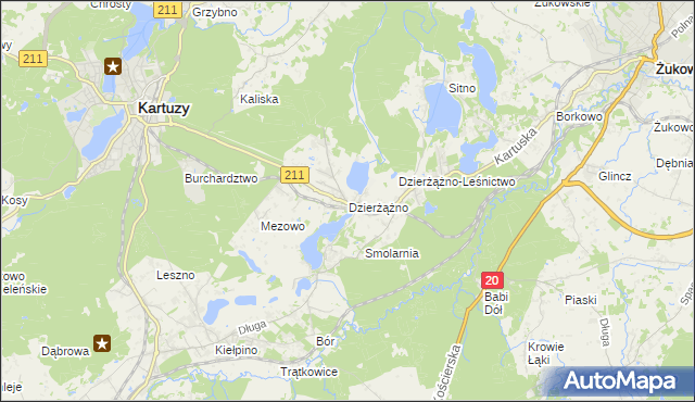 mapa Dzierżążno gmina Kartuzy, Dzierżążno gmina Kartuzy na mapie Targeo