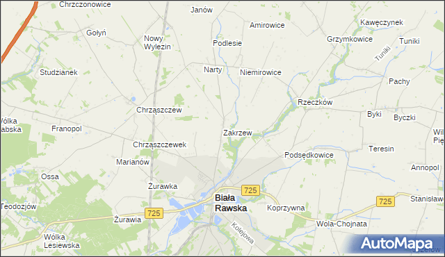 mapa Zakrzew gmina Biała Rawska, Zakrzew gmina Biała Rawska na mapie Targeo