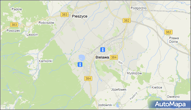 mapa Bielawa powiat dzierżoniowski, Bielawa powiat dzierżoniowski na mapie Targeo