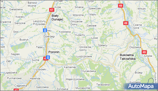 mapa Gliczarów Górny, Gliczarów Górny na mapie Targeo