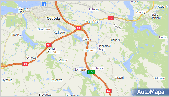 mapa Lipowiec gmina Ostróda, Lipowiec gmina Ostróda na mapie Targeo