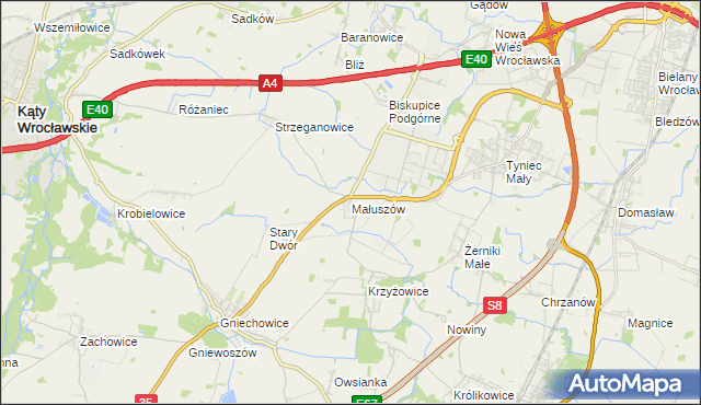 mapa Małuszów gmina Kobierzyce, Małuszów gmina Kobierzyce na mapie Targeo