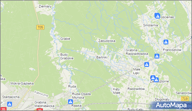 mapa Bartniki gmina Puszcza Mariańska, Bartniki gmina Puszcza Mariańska na mapie Targeo