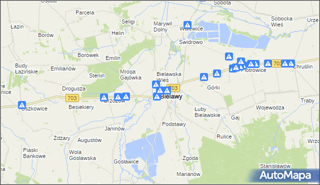 mapa Bielawy powiat łowicki, Bielawy powiat łowicki na mapie Targeo