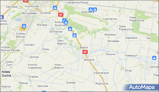 mapa Bielice gmina Sochaczew, Bielice gmina Sochaczew na mapie Targeo